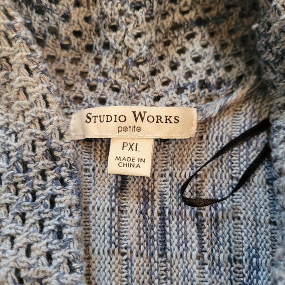 STudio Works Womens Cardigan Petite XL Blue Crochet Knit Long Pleat Back 16042 - Picture 2 of 11